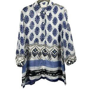 Chico's Top Sheer Size Medium Blue White‎ 3/4 Casual Sleeve Chiffon Beachy Light